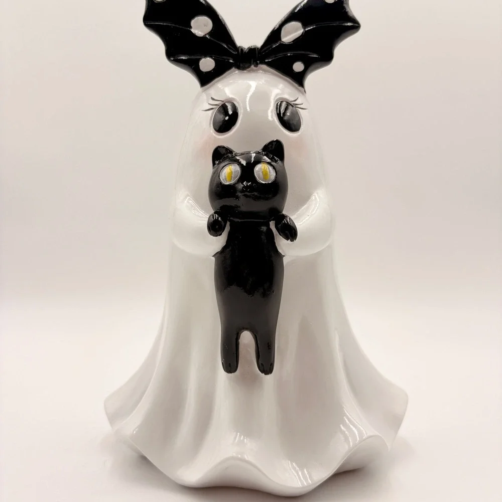 Halloween Ghost Figurine with Black Cat and Bat Wing Bow Decor